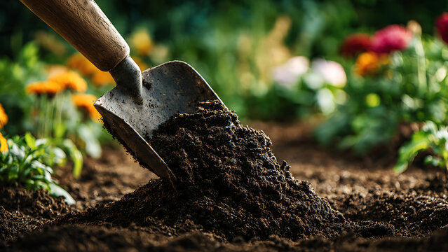 Close-up of a shovel digging into dark soil among garden plants, captured from a side viewpoint
