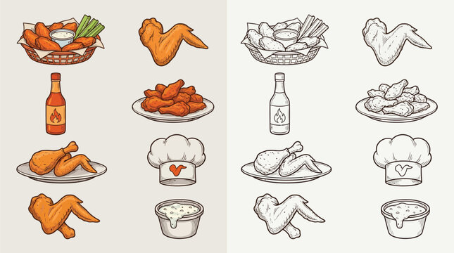 A collection of colorful and black and white illustrations of chicken wings and related food items, including dipping sauce and chef hats.