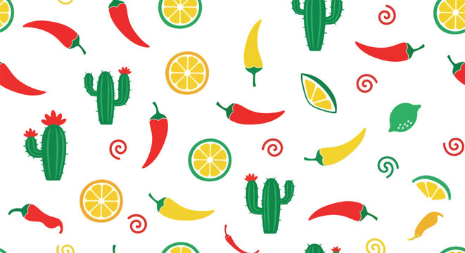 Mexican seamless vector pattern with chili peppers, cactus, lemon, lime, and festive elements