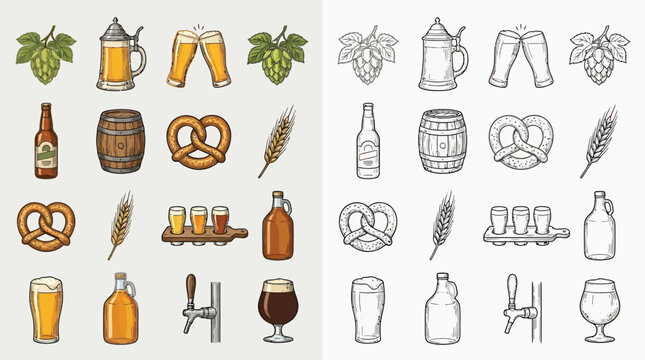A collection of colorful and monochrome illustrations depicting various beer-related items and symbols.