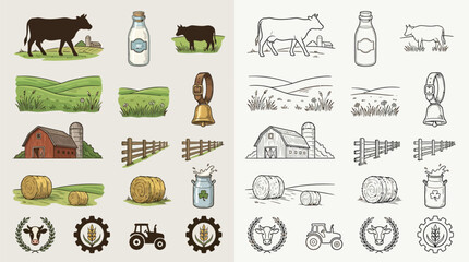 Collection of farm-related illustrations, including cows, barns, tractors, and agricultural landscapes. © renender