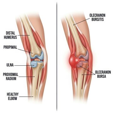 Anatomy of a healthy elbow compared to one with olecranon bursitis inflammation illustration