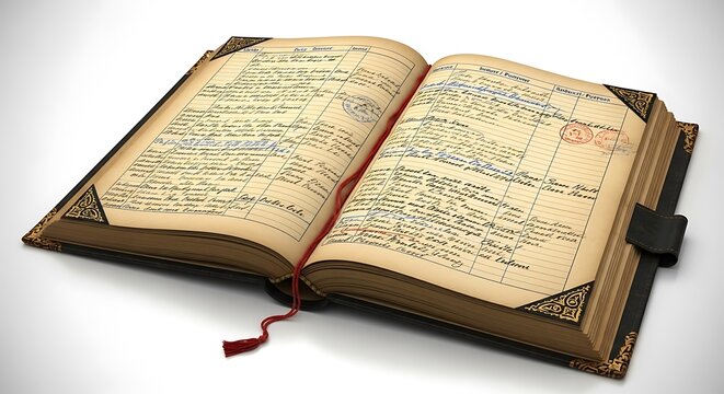 Old open ledger book with handwritten records and stamps