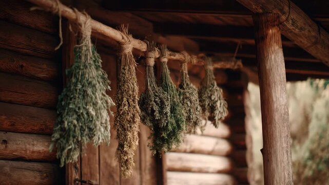 Drying herbs bundles hanging on rustic log cabin wall