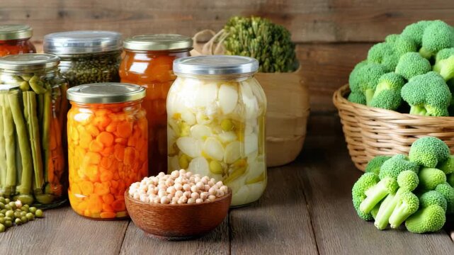 Preserving vegetables in mason jars on wooden table