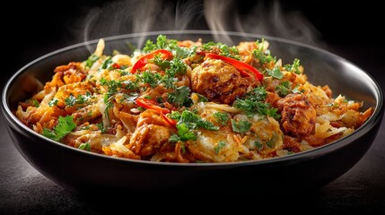 Fototapeta premium Kottu Rotti with chicken, vegetables, egg, and curry sauce in black bowl, steaming hot, vibrant colors, cinematic lighting, elegant Indian presentation, ultra-realistic top-down view.