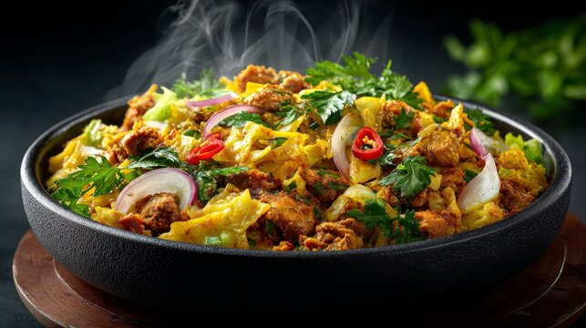 Kottu Rotti with chicken, vegetables, egg, and curry sauce in black bowl, steaming hot, vibrant colors, cinematic lighting, elegant Indian presentation, ultra-realistic top-down view.