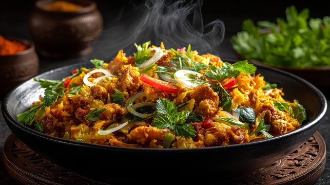 Kottu Rotti with chicken, vegetables, egg, and curry sauce in black bowl, steaming hot, vibrant colors, cinematic lighting, elegant Indian presentation, ultra-realistic top-down view.