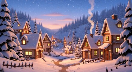 Fototapeta premium Snowy village scene illustration