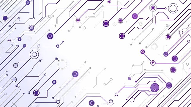 Abstract purple circuit board lines and logic gate circles on white background for technology hardware and software engineering