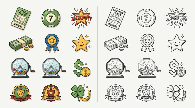 Collection of lottery and gambling-themed icons, including scratch cards, lottery balls, winning stars, money, badges, and lucky charms.