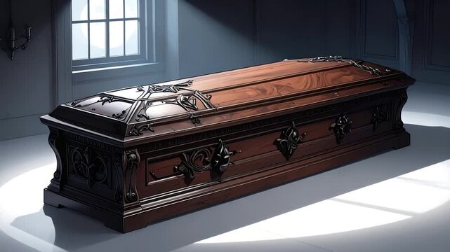 Ornate wooden coffin in bright, empty room