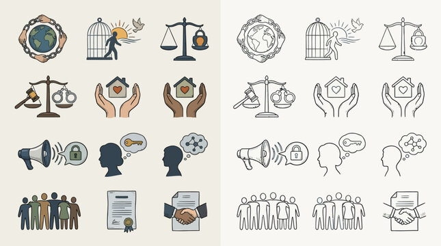 Collection of icons representing human rights, justice, freedom, and community, presented in both color and outline styles.