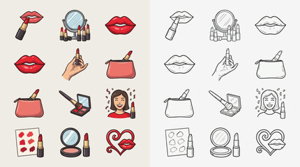 Collection of colorful and sketched icons representing various makeup and beauty products, including lipsticks, mirrors, and cosmetic bags. © renender