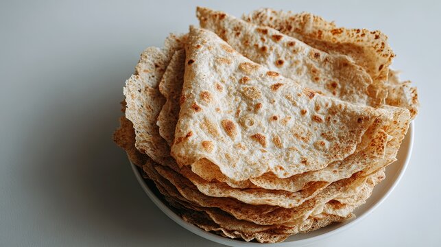 Stack of thin lightly browned folded flatbread pieces served in a simple white bowl