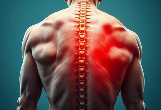 Lower back pain depicted by tense muscles and curved spine, strain, healthcare