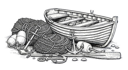 Nautical Equipment: Rowboat, Anchor, Fishing Net, Buoys, Oar, Rope © Azis