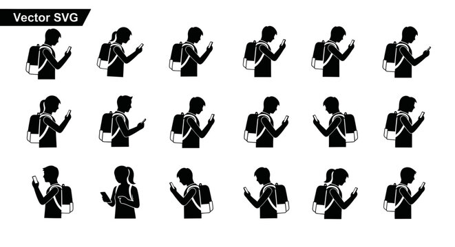Silhouettes of people with backpacks looking at smartphones, vector set