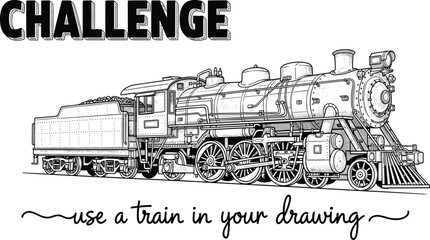 Vintage steam locomotive line art challenge poster detailed train coloring page vector illustration design © MdRissalat