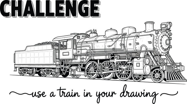 Vintage steam locomotive line art challenge poster detailed train coloring page vector illustration design