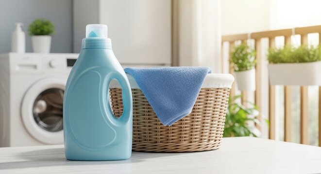 Laundry detergent bottle on a table next to a wicker basket with a blue towel, washing machine in background