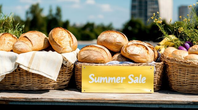 A beachfront market with a "Summer Sale" banner and fresh bread, advertising style, copy space.