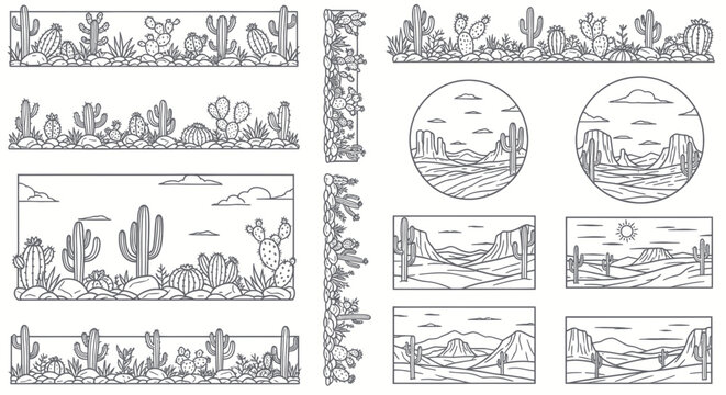 Desert Landscape Borders and Elements - Line Art Collection