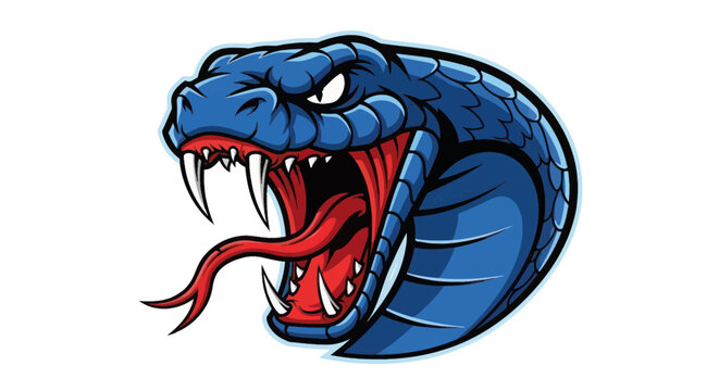 Aggressive Blue Viper Snake Head Mascot Logo with Open Mouth and Fangs
