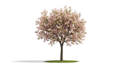 Obraz premium Pink blossoming tree on a patch of grass, white background