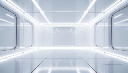 Fototapeta premium Modern empty train or subway carriage interior with bright LED lighting and clean white design