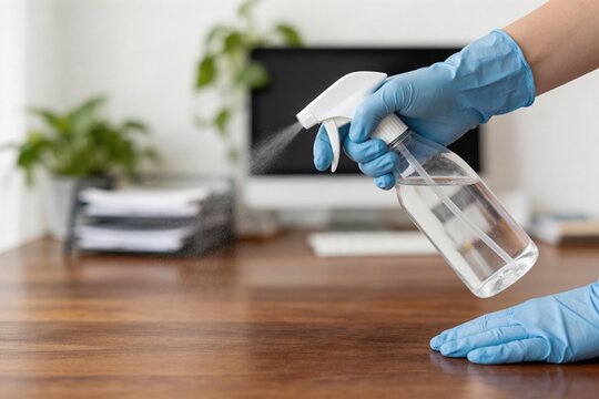 Person spraying disinfectant on wooden surface