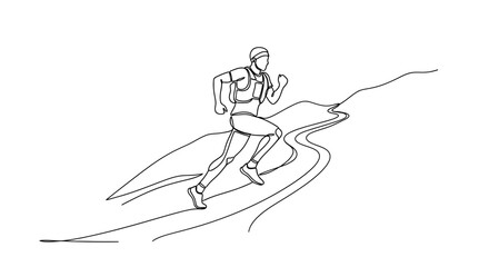 Fototapeta premium Minimalist line art illustration of a solo mountain trail runner with gear in dynamic motion