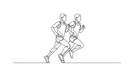 Fototapeta premium Dynamic side-by-side illustration of two athletes running together emphasizing motion and athleticism in minimal line art style