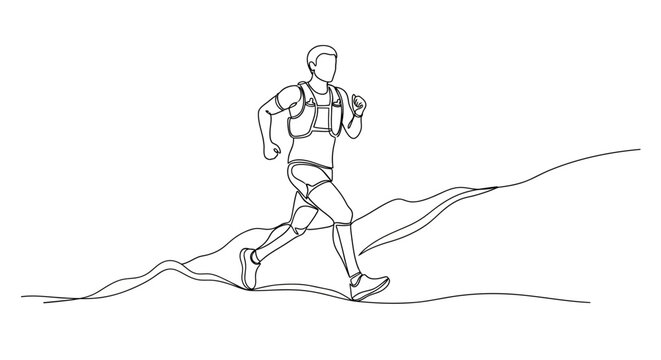 Minimalist line art of a trail runner with backpack traversing mountain terrain emphasizing outdoor adventure and athletic