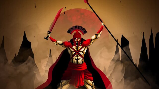 greek god ares mars standing in battlefield with sword and spear in epic war scene