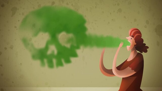 woman with stomach problems burping skull shaped cloud with foul breath