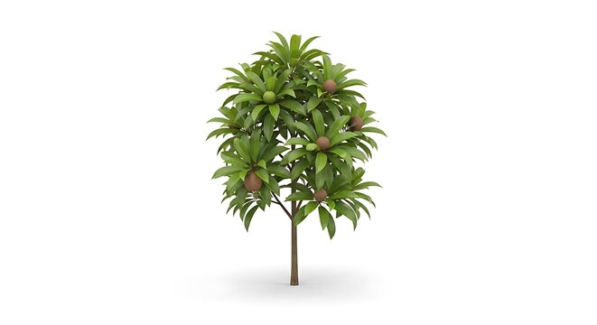 Sapodilla tree with green leaves and brown fruits isolated on white
