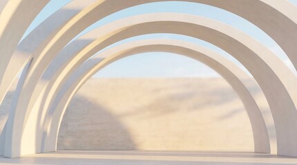 Fototapeta premium Elegant overlapping smooth white concrete arches with warm soft sunlight