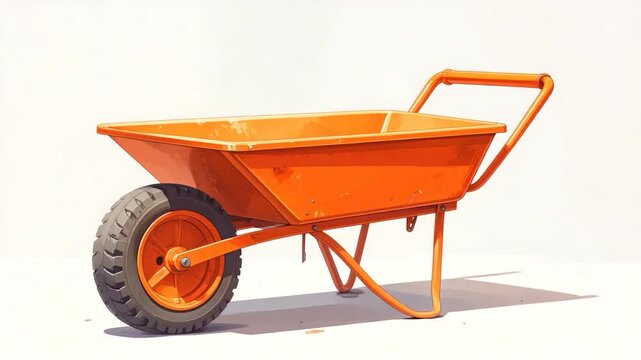 Bright orange wheelbarrow, cartoon style, against white background