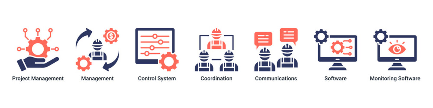Management System web banner icon vector illustration with icons of Project Management,Management,Control System,Coordination,Communications,Software and Monitoring Software