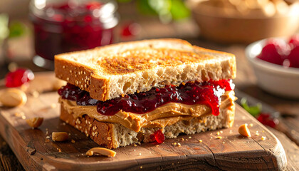 Fototapeta premium Delicious homemade peanut butter and jelly sandwich on toasted bread, perfect for breakfast or a snack
