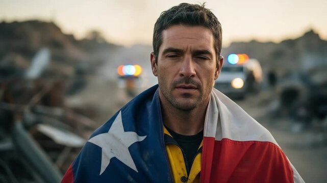 Resilient mid adult man with Texas flag in disaster area with emergency lights background