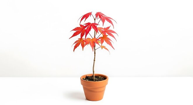 Small Japanese maple tree in terracotta pot with red leaves