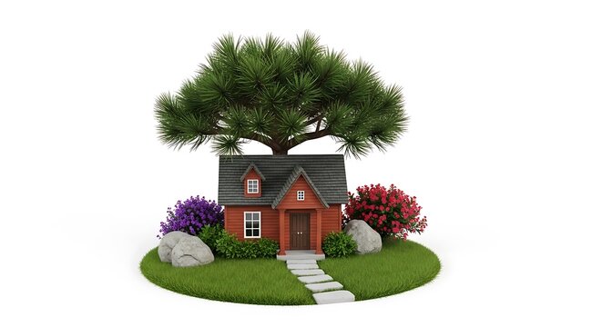 Small house with large tree and garden on white background