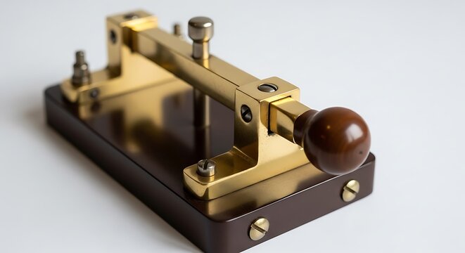 Vintage Morse code telegraph key on white background