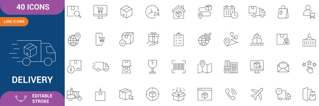 Delivery Icon Set. delivery, shipping, courier, logistics, transport, package, parcel, online order, e-commerce delivery, service, vehicle, route, packaging and etc. line Icon. Editable stroke. Vector