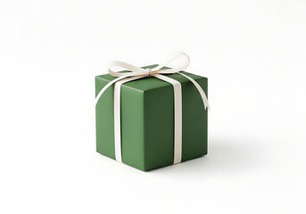 Fototapeta premium Green gift box wrapped with white ribbon on white background