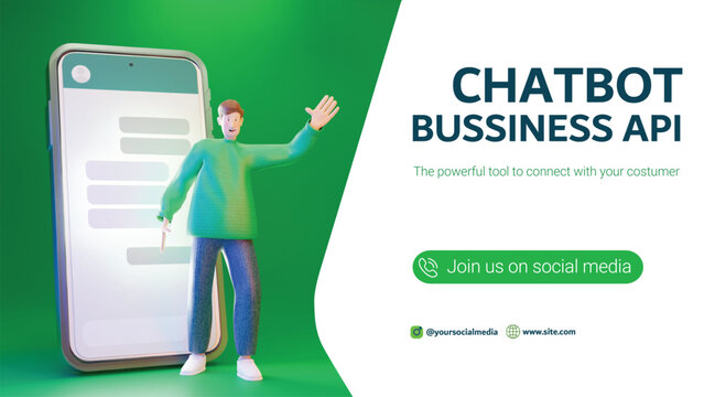 Chatbot Business API &ndash; 3D Man whatsapp Contact Us on WhatsApp 3D Illustration with Phone Join us on Whatsapp channel whatsapp design template Whatsapp support customer whatsapp pay whatsapp