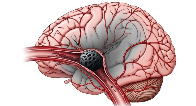 Illustration of a ruptured brain aneurysm with a stent retriever device.
