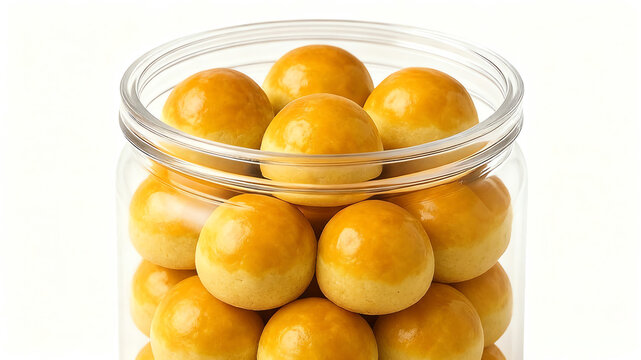 Traditional Indonesian nastar cookies or pineapple tarts in a transparent plastic jar. Golden brown glazed pastries for festive seasons.